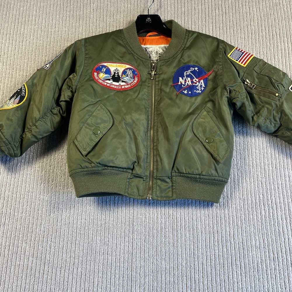 Boys Jacket Sz 6 Junior Flight Astronaut‎ Green Patches Pilot USA Nylon Green